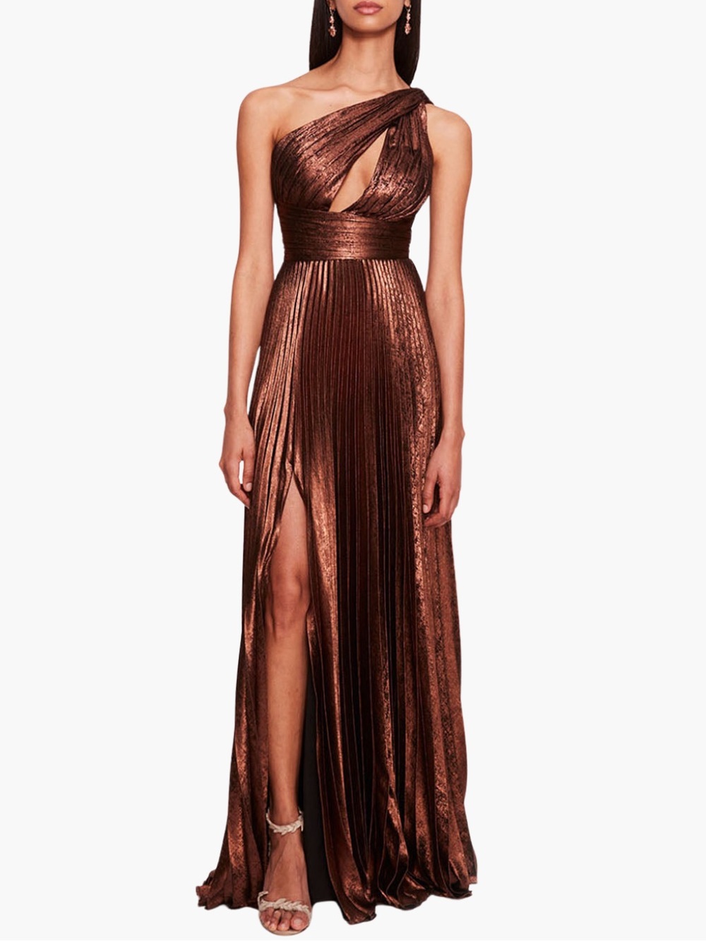 Marchesa Notte Metallic Lamé Pleated One Shoulder Gown Bronze Size 4 NWT New